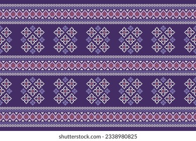 Ethnic geometric seamless fabric pattern Cross Stitch.Ikat embroidery oriental Pixel pattern purple violet background. Abstract,vector,illustration. Texture,Cross Stitch,frame,motifs,wallpaper.