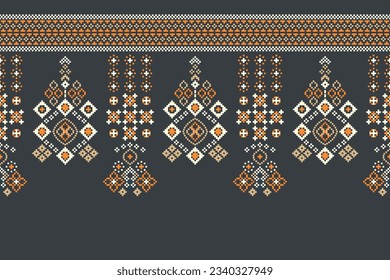 Ethnic geometric seamless fabric pattern Cross Stitch.Ikat embroidery oriental Pixel pattern green gray background. Abstract,vector,illustration. Texture,Cross Stitch,frame,decoration,wallpaper,motif.