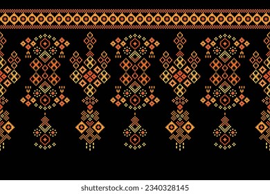 Patrón de tejido geométrico étnico sin costuras Cross Stitch.Ikat bordado estilo Pixel oriental patrón fondo negro. Resumen,vector,ilustración. Textura, Cross Stitch, marco, decoración, motivos, papel pintado.