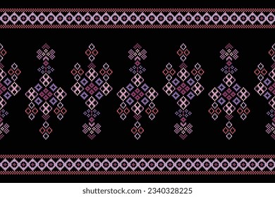 Patrón de tejido geométrico étnico sin costuras Cross Stitch.Ikat bordado estilo Pixel oriental patrón fondo negro. Resumen,vector,ilustración. Textura, Cross Stitch, marco, decoración, motivos, papel pintado.