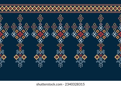 Ethnische geometrische nahtlose Gewebe Muster Cross Stitch.Ikat Stickerei orientalischen Pixel Muster blauen Hintergrund. Abstrakt, Vektorgrafik, Illustration. Textur, Querstich, Rahmen, Dekoration, Motive, Tapete.