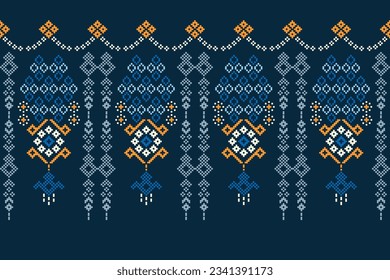 Ethnic geometric seamless fabric pattern Cross Stitch.Ikat embroidery oriental Pixel pattern blue background. Abstract,vector,illustration. Texture,Cross Stitch,frame,decoration,motifs,wallpaper.