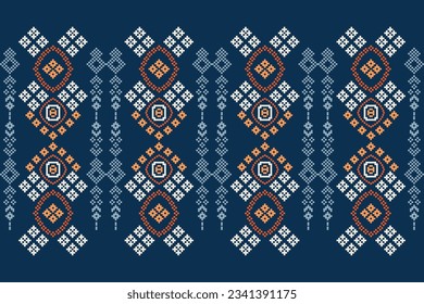 Ethnic geometric seamless fabric pattern Cross Stitch.Ikat embroidery oriental Pixel pattern blue background. Abstract,vector,illustration. Texture,Cross Stitch,frame,decoration,motifs,wallpaper.