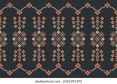 Patrón de tejido geométrico étnico sin costura Cross Stitch.Ikat bordado Pixel oriental patrón de fondo gris verde. Resumen,vector,ilustración. Textura, Cross Stitch, marco, decoración, papel pintado, motivo.