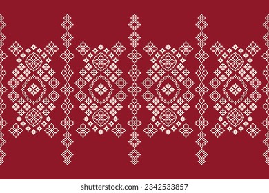 Patrón de tejido geométrico étnico sin costura Cross Stitch.Ikat bordado oriental Pixel patrón de fondo rojo. Resumen,vector,ilustración. Textura, Cross Stitch, marco, decoración, motivos, papel pintado.