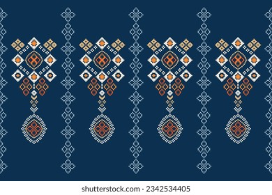 Ethnic geometric seamless fabric pattern Cross Stitch.Ikat embroidery oriental Pixel pattern blue background. Abstract,vector,illustration. Texture,Cross Stitch,frame,decoration,motifs,wallpaper.