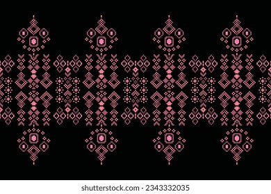Ethnic geometric seamless fabric pattern Cross Stitch.Ikat embroidery oriental Pixel pattern black background. Abstract,vector,illustration. Texture,Cross Stitch,frame,decoration,motifs,wallpaper.