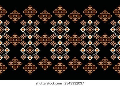 Ethnic geometric seamless fabric pattern Cross Stitch.Ikat embroidery oriental Pixel pattern black background. Abstract,vector,illustration. Texture,Cross Stitch,frame,decoration,motifs,wallpaper.