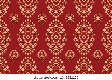 Ethnic geometric seamless fabric pattern Cross Stitch.Ikat embroidery oriental Pixel pattern red background. Abstract,vector,illustration. Texture,Cross Stitch,frame,decoration,motifs,wallpaper.