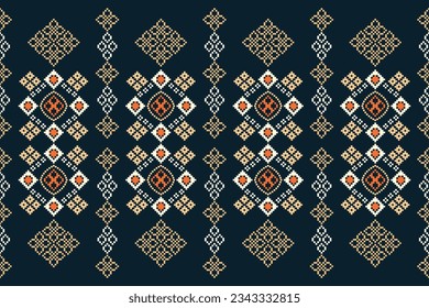 Ethnic geometric seamless fabric pattern Cross Stitch.Ikat embroidery oriental Pixel pattern blue background. Abstract,vector,illustration. Texture,Cross Stitch,frame,decoration,motifs,wallpaper.