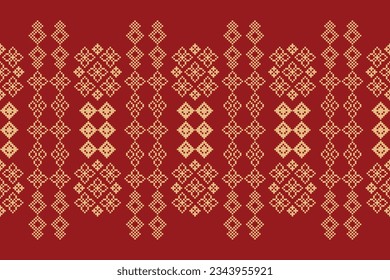 Ethnic geometric seamless fabric pattern Cross Stitch.Ikat embroidery oriental Pixel pattern red background. Abstract,vector,illustration. Texture,Cross Stitch,frame,decoration,motifs,wallpaper.