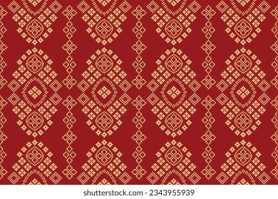 Patrón de tejido geométrico étnico sin costura Cross Stitch.Ikat bordado oriental Pixel patrón de fondo rojo. Resumen,vector,ilustración. Textura, Cross Stitch, marco, decoración, motivos, papel pintado.