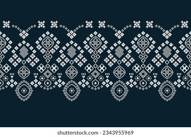 Ethnic geometric seamless fabric pattern Cross Stitch.Ikat embroidery oriental Pixel pattern blue background. Abstract,vector,illustration. Texture,Cross Stitch,frame,decoration,motifs,wallpaper.