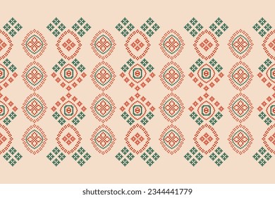 Ethnic geometric seamless fabric pattern Cross Stitch.Ikat embroidery oriental Pixel pattern brown cream background. Abstract,vector,illustration. Texture,Cross Stitch,frame,decor,motifs,wallpaper.