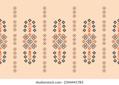 Ethnic geometric seamless fabric pattern Cross Stitch.Ikat embroidery oriental Pixel pattern brown cream background. Abstract,vector,illustration. Texture,Cross Stitch,frame,decor,motifs,wallpaper.