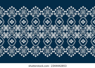 Patrón de tejido geométrico étnico sin costura Cross Stitch.Ikat bordado oriental Pixel patrón fondo azul. Resumen,vector,ilustración. Textura, Cross Stitch, marco, decoración, motivos, papel pintado.