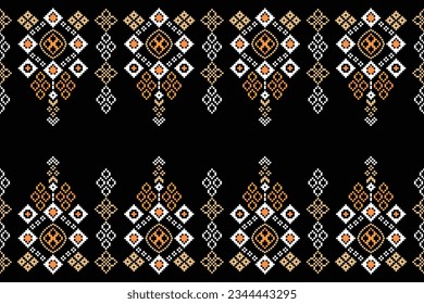 Ethnic geometric seamless fabric pattern Cross Stitch.Ikat embroidery oriental Pixel pattern black background. Abstract,vector,illustration. Texture,Cross Stitch,frame,decoration,motifs,wallpaper.
