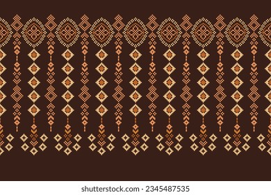 Ethnic geometric seamless fabric pattern Cross Stitch.Ikat embroidery oriental Pixel pattern brown background. Abstract,vector,illustration. Texture,Cross Stitch,frame,decoration,motifs,wallpaper.