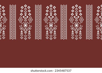Ethnic geometric seamless fabric pattern Cross Stitch.Ikat embroidery oriental Pixel pattern brown background. Abstract,vector,illustration. Texture,Cross Stitch,frame,decoration,motifs,wallpaper.