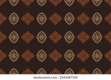 Patrón de tejido geométrico étnico sin costura Cross Stitch.Ikat bordado patrón Pixel oriental fondo marrón. Resumen,vector,ilustración. Textura, Cross Stitch, marco, decoración, motivos, papel pintado.