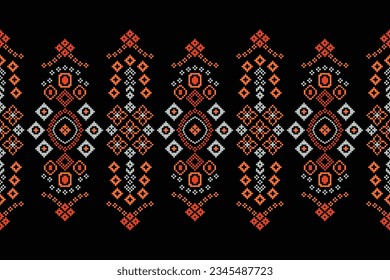 Ethnic geometric seamless fabric pattern Cross Stitch.Ikat embroidery oriental Pixel pattern black background. Abstract,vector,illustration. Texture,Cross Stitch,frame,decoration,motifs,wallpaper.