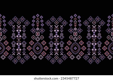 Ethnic geometric seamless fabric pattern Cross Stitch.Ikat embroidery oriental Pixel pattern black background. Abstract,vector,illustration. Texture,Cross Stitch,frame,decoration,motifs,wallpaper.