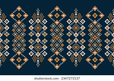 Ethnic geometric seamless fabric pattern Cross Stitch.Ikat embroidery oriental Pixel pattern blue background. Abstract,vector,illustration. Texture,Cross Stitch,frame,decoration,motifs,wallpaper.