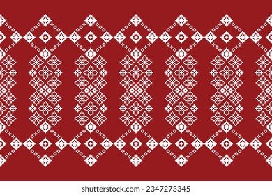 Ethnische geometrische nahtlose Gewebe Muster Cross Stitch.Ikat Stickerei orientalischen Pixel Muster roten Hintergrund. Abstrakt, Vektorgrafik, Illustration. Textur, Querstich, Rahmen, Dekoration, Motive, Tapete.