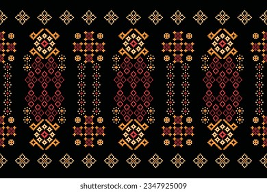 Ethnic geometric seamless fabric pattern Cross Stitch.Ikat embroidery oriental Pixel pattern black background. Abstract,vector,illustration. Texture,Cross Stitch,frame,decoration,motifs,wallpaper.