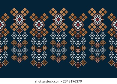 Ethnische geometrische nahtlose Gewebe Muster Cross Stitch.Ikat Stickerei orientalischen Pixel Muster blauen Hintergrund. Abstrakt, Vektorgrafik, Illustration. Textur, Querstich, Rahmen, Dekoration, Motive, Tapete.