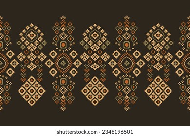 Ethnic geometric seamless fabric pattern Cross Stitch.Ikat embroidery oriental Pixel pattern brown background. Abstract,vector,illustration. Texture,Cross Stitch,frame,decoration,motifs,wallpaper.