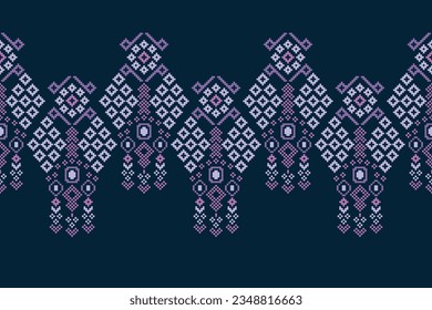 Ethnische geometrische nahtlose Gewebe Muster Cross Stitch.Ikat Stickerei orientalischen Pixel Muster blauen Hintergrund. Abstrakt, Vektorgrafik, Illustration. Textur, Querstich, Rahmen, Dekoration, Motive, Tapete.