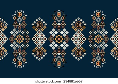 Patrón de tejido geométrico étnico sin costura Cross Stitch.Ikat bordado oriental Pixel patrón fondo azul. Resumen,vector,ilustración. Textura, Cross Stitch, marco, decoración, motivos, papel pintado.