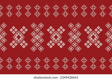Ethnic geometric seamless fabric pattern Cross Stitch.Ikat embroidery oriental Pixel pattern red background. Abstract,vector,illustration. Texture,Cross Stitch,frame,decoration,motifs,wallpaper.