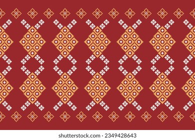 Patrón de tejido geométrico étnico sin costura Cross Stitch.Ikat bordado oriental Pixel patrón de fondo rojo. Resumen,vector,ilustración. Textura, Cross Stitch, marco, decoración, motivos, papel pintado.