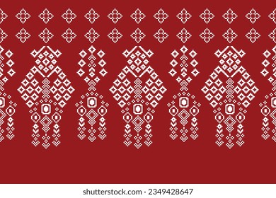 Patrón de tejido geométrico étnico sin costura Cross Stitch.Ikat bordado oriental Pixel patrón de fondo rojo. Resumen,vector,ilustración. Textura, Cross Stitch, marco, decoración, motivos, papel pintado.