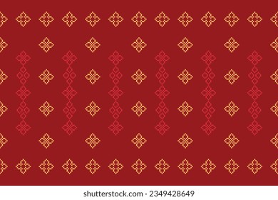 Ethnic geometric seamless fabric pattern Cross Stitch.Ikat embroidery oriental Pixel pattern red background. Abstract,vector,illustration. Texture,Cross Stitch,frame,decoration,motifs,wallpaper.