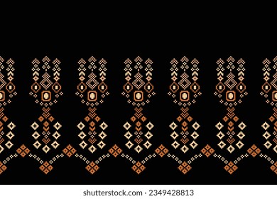 Ethnic geometric seamless fabric pattern Cross Stitch.Ikat embroidery oriental Pixel pattern black background. Abstract,vector,illustration. Texture,Cross Stitch,frame,decoration,motifs,wallpaper.