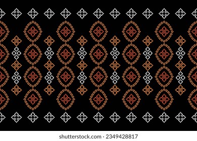 Ethnic geometric seamless fabric pattern Cross Stitch.Ikat embroidery oriental Pixel pattern black background. Abstract,vector,illustration. Texture,Cross Stitch,frame,decoration,motifs,wallpaper.