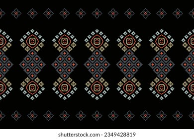 Ethnic geometric seamless fabric pattern Cross Stitch.Ikat embroidery oriental Pixel pattern black background. Abstract,vector,illustration. Texture,Cross Stitch,frame,decoration,motifs,wallpaper.