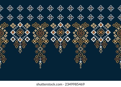 Ethnic geometric seamless fabric pattern Cross Stitch.Ikat embroidery oriental Pixel pattern blue background. Abstract,vector,illustration. Texture,Cross Stitch,frame,decoration,motifs,wallpaper.