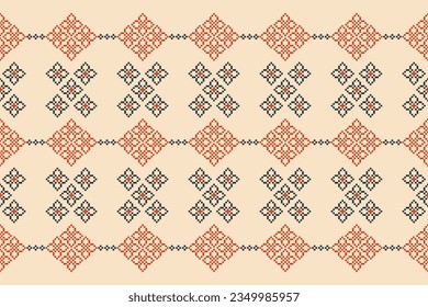 Ethnic geometric seamless fabric pattern Cross Stitch.Ikat embroidery oriental Pixel pattern brown cream background. Abstract,vector,illustration. Texture,Cross Stitch,frame,decor,motifs,wallpaper.