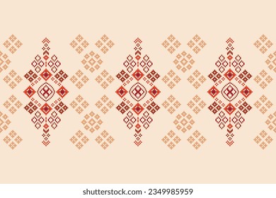 Ethnic geometric seamless fabric pattern Cross Stitch.Ikat embroidery oriental Pixel pattern brown cream background. Abstract,vector,illustration. Texture,Cross Stitch,frame,decor,motifs,wallpaper.