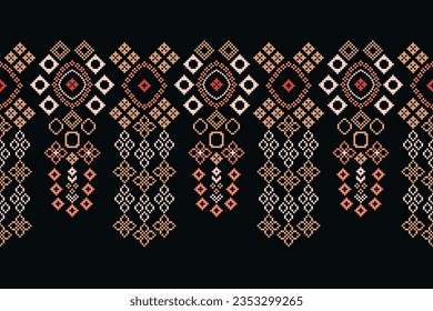Ethnic geometric seamless fabric pattern Cross Stitch.Ikat embroidery oriental Pixel pattern black background. Abstract,vector,illustration. Texture,Cross Stitch,frame,decor,motifs,wallpaper.