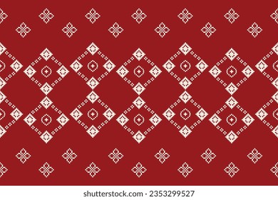 Ethnic geometric seamless fabric pattern Cross Stitch.Ikat embroidery oriental Pixel pattern red background. Abstract,vector,illustration. Texture,Cross Stitch,frame,decoration,motifs,wallpaper.