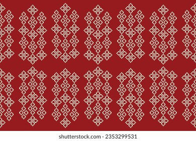 Patrón de tejido geométrico étnico sin costura Cross Stitch.Ikat bordado oriental Pixel patrón de fondo rojo. Resumen,vector,ilustración. Textura, Cross Stitch, marco, decoración, motivos, papel pintado.