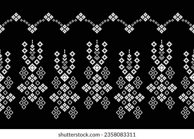 Ethnic geometric seamless fabric pattern Cross Stitch.Ikat embroidery oriental Pixel pattern black background. Abstract,vector,illustration. Texture,Cross Stitch,frame,decor,motifs,wallpaper.