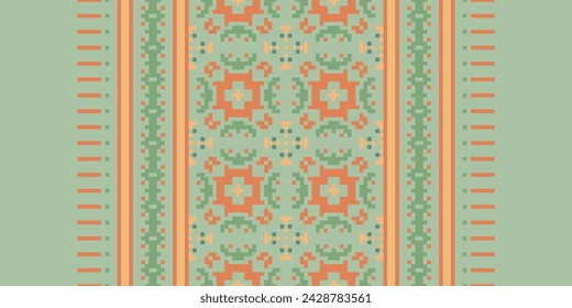 Ethnic Geometric Seamless Fabric Pattern Cross Stitch. Ikat Embroidery Oriental Pixel Pattern Cream Background. Abstract,vector,illustration. Texture,cross Stitch,scarf,decoration,motifs,wallpaper.