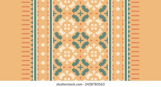 Ethnic Geometric Seamless Fabric Pattern Cross Stitch. Ikat Embroidery Oriental Pixel Pattern Cream Background. Abstract,vector,illustration. Texture,cross Stitch,scarf,decoration,motifs,wallpaper.