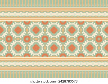 Ethnic Geometric Seamless Fabric Pattern Cross Stitch. Ikat Embroidery Oriental Pixel Pattern Cream Background. Abstract,vector,illustration. Texture,cross Stitch,scarf,decoration,motifs,wallpaper.